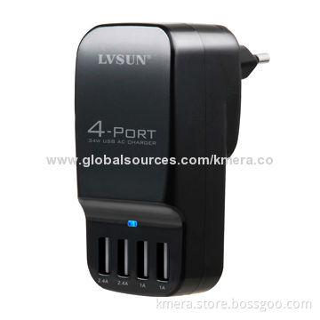 34W Portable Mobile Phone Charger with 4 Independent USB Ports, Charge to iPhone/iPad Simultaneously